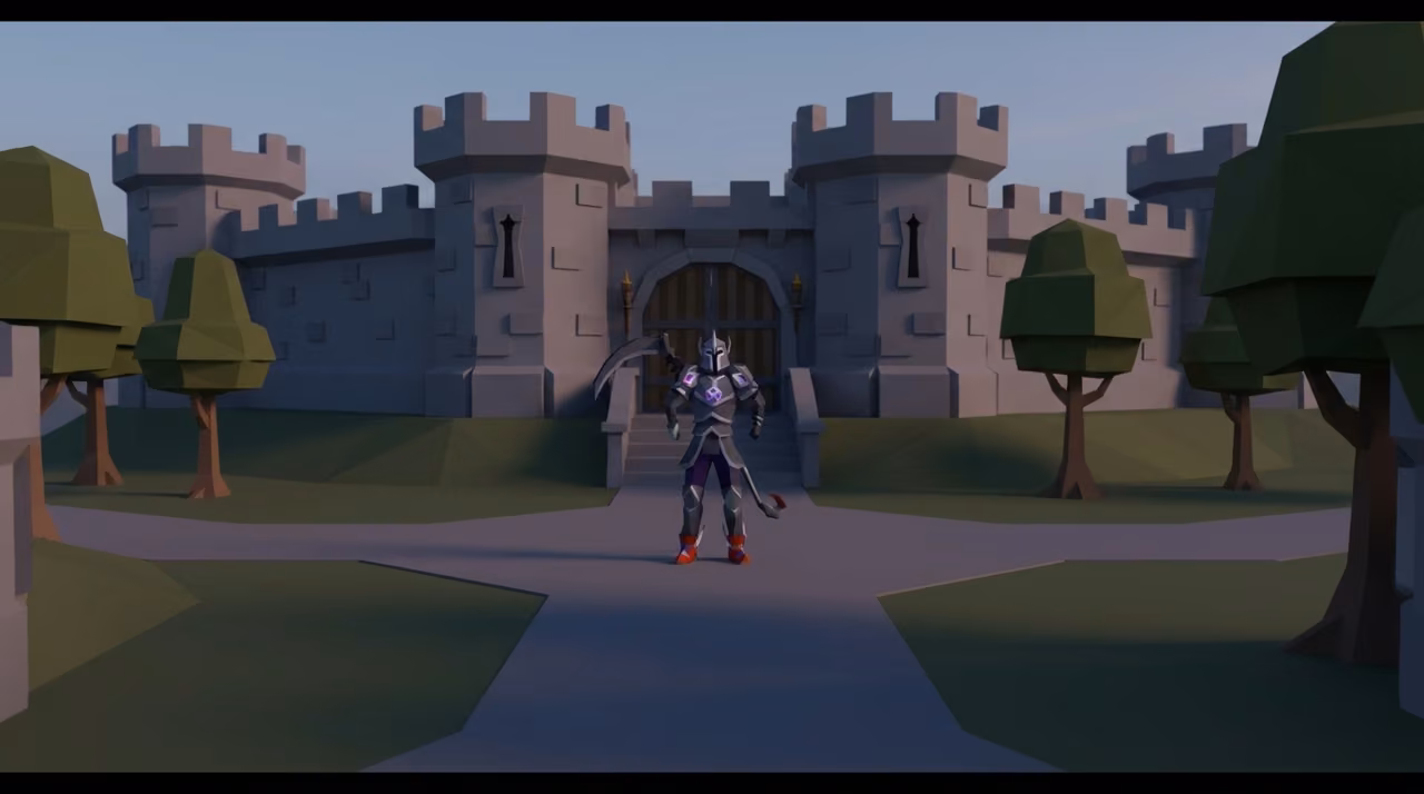 A lone Old School RuneScape character standing alone in the empty Lumbridge castle courtyard at dusk, years later