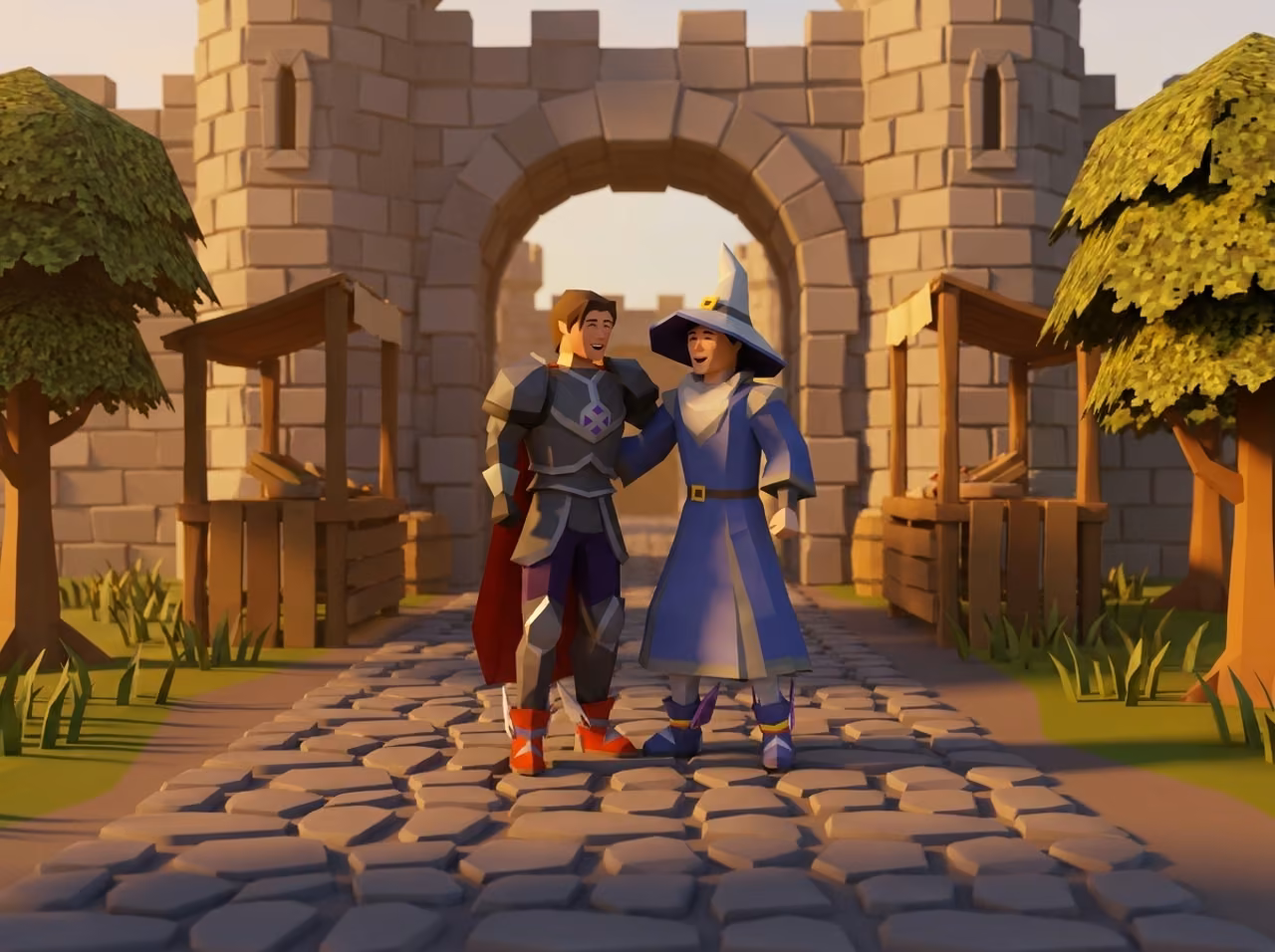 Two Old School RuneScape characters walking side by side, laughing — reunited after years apart